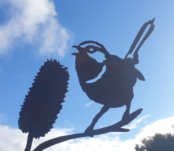 Superb Fairy Wren on Banksia Twig - Australian Made Rusted Metal Garden Art - Image 2