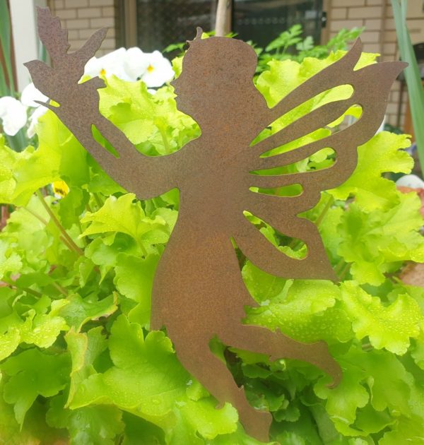 Fairy With Bird - Australian Fairy With Bird Pot Decoration - Australian Made Rusted Metal Garden Art - Image 2