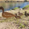 Laser-cut Standing Duck Family Garden Stake featuring a duck and ducklings in weather-resistant Corten steel, with easy-to-install ground spikes.
