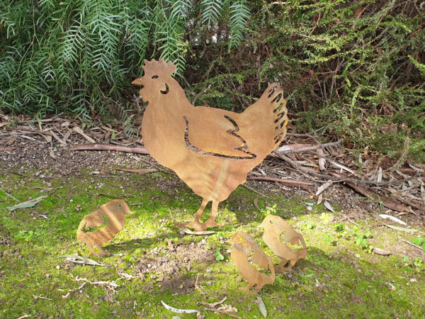 Standing Hen Family Garden Stake - Australian Made Rusted Metal Garden Art - Image 3