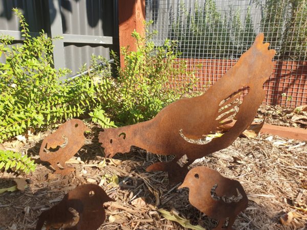 Pecking Hen Family Garden Stakes - Australian Made Rusted Metal Garden Art - Image 2