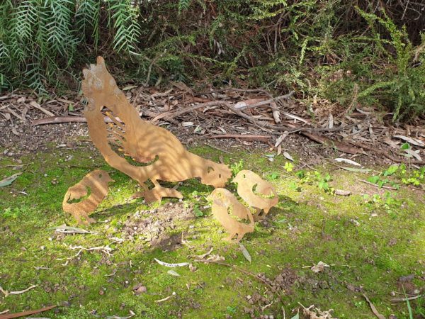 Pecking Hen Family Garden Stakes - Australian Made Rusted Metal Garden Art - Image 3